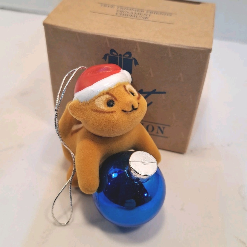 Avon Tree Trimmer Friends Ornament Flocked Chipmunk Vintage Christmas 2" tall